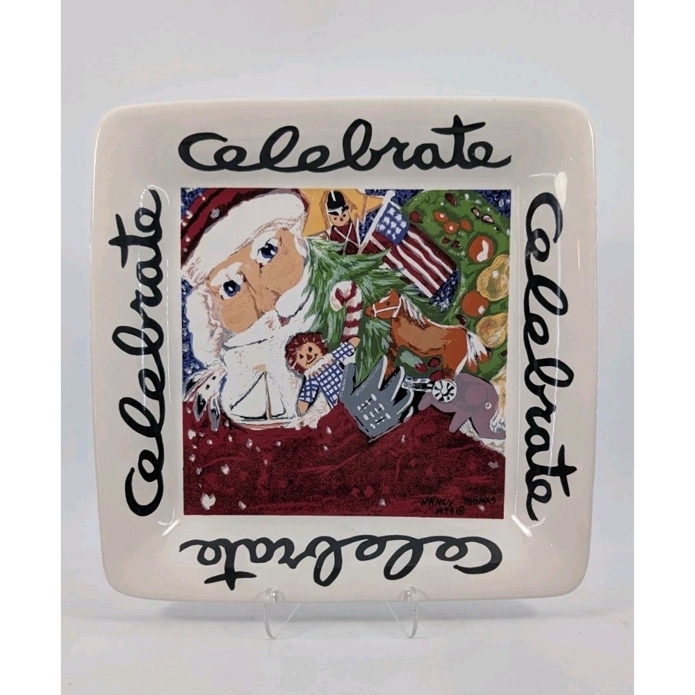 Vintage‎ 1994 Nancy Thomas CELEBRATE  11.5" Square Platter Plate Folk Art Signed